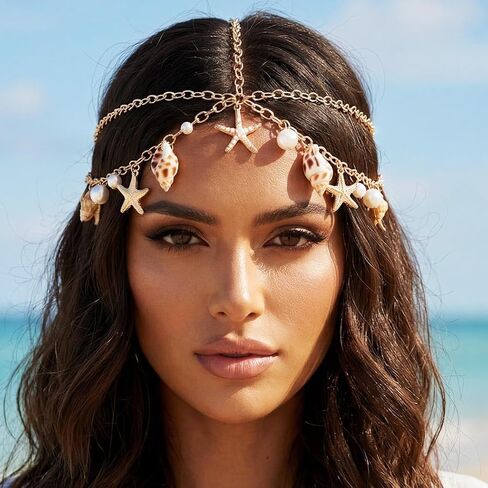 سلسلة رأس نجم البحر من GORTIN، غطاء رأس ذهبي على شكل صدفة بوهو للشاطئ، عصابة رأس على شكل حورية البحر، إكسسوارات للشعر للنساء in Kuwait