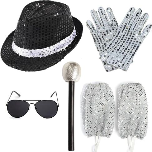 Dance Star Costume Set, Black Sequin Fedora Hat, Sunglass Gloves Leg Covers Microphone 80s 90s Pop Star Accessories in Saudi Arabia