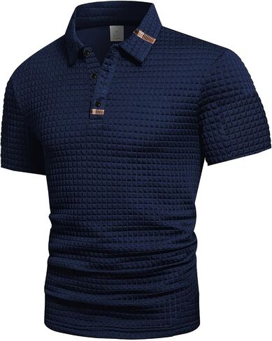 Men's Waffle Knit Polo Shirt, Button Down Collar Short Sleeve Top, Textured Casual Athletic Shirt, for Daily Wear in Kuwait