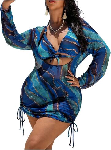 WDIRARA Women's Plus Size 3 Piece Swimsuit Marble Print Halter Bikini Set with Cover Up Dress in Kuwait