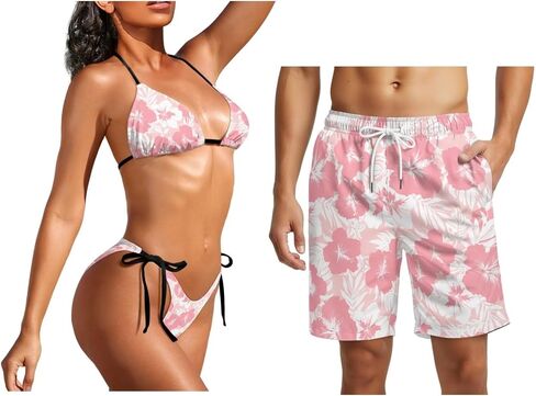Howilath Matching Couples Swimsuits Casual Swim Trunks Men with Pockets & Adjustable Bikini Sets 2 Piece Summer Beach Set in Kuwait