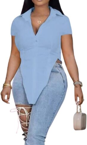 Button Up Shirt for Women Summer High Low Slit Hem Solid Color Tunics Top Light in Kuwait