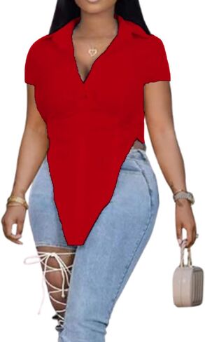 Button Up Shirt for Women Summer High Low Slit Hem Solid Color Tunics Top Light in Kuwait
