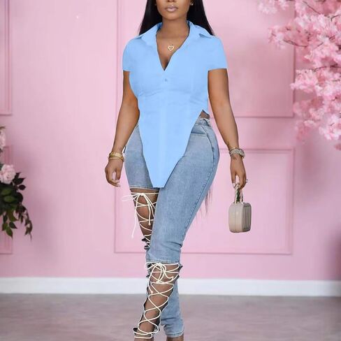 Button Up Shirt for Women Summer High Low Slit Hem Solid Color Tunics Top Light in Kuwait