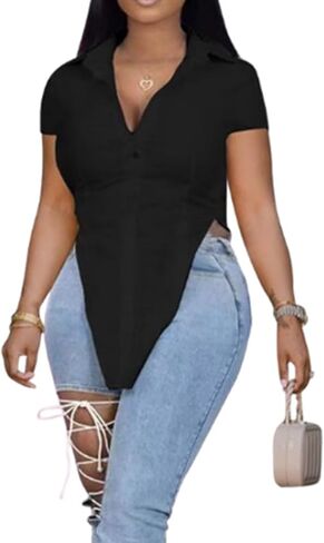 Button Up Shirt for Women Summer High Low Slit Hem Solid Color Tunics Top Light in Kuwait