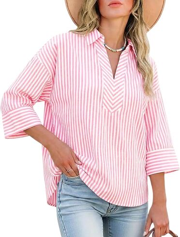 Watashi Women Striped Print Dressy Shirts Casual Oversize Henley Shirt 3/4 Sleeve Collared Office Work Blouse Tops(Pink-XL) in Saudi Arabia