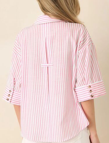 Watashi Women Striped Print Dressy Shirts Casual Oversize Henley Shirt 3/4 Sleeve Collared Office Work Blouse Tops(Pink-XL) in Saudi Arabia