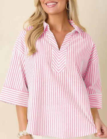Watashi Women Striped Print Dressy Shirts Casual Oversize Henley Shirt 3/4 Sleeve Collared Office Work Blouse Tops(Pink-XL) in Saudi Arabia