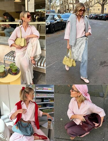 Watashi Women Striped Print Dressy Shirts Casual Oversize Henley Shirt 3/4 Sleeve Collared Office Work Blouse Tops(Pink-XL) in Saudi Arabia