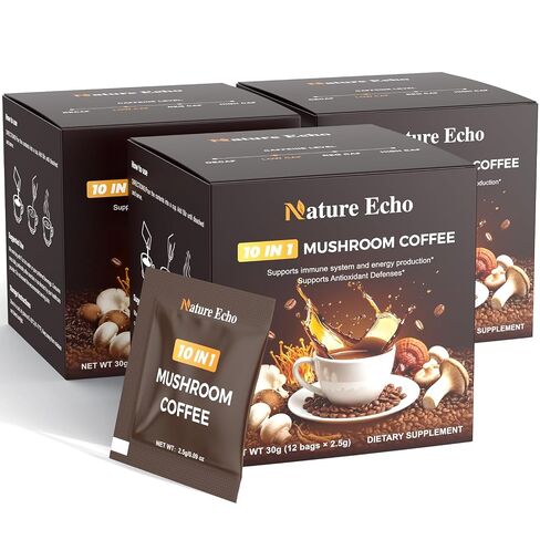 Nature Echo 10 in 1 Mushroom Coffee with Ashwagandha, Adaptogenic 10 Mushrooms with Lion’s Mane, Reishi, Cordyceps & More, Low Caffeine Instant Coffee Powder for Focus, Energy, Immune & Gut Support - Sugar Free (12 Sachets) in Saudi Arabia