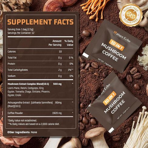 Nature Echo 10 in 1 Mushroom Coffee with Ashwagandha, Adaptogenic 10 Mushrooms with Lion’s Mane, Reishi, Cordyceps & More, Low Caffeine Instant Coffee Powder for Focus, Energy, Immune & Gut Support - Sugar Free (12 Sachets) in Saudi Arabia