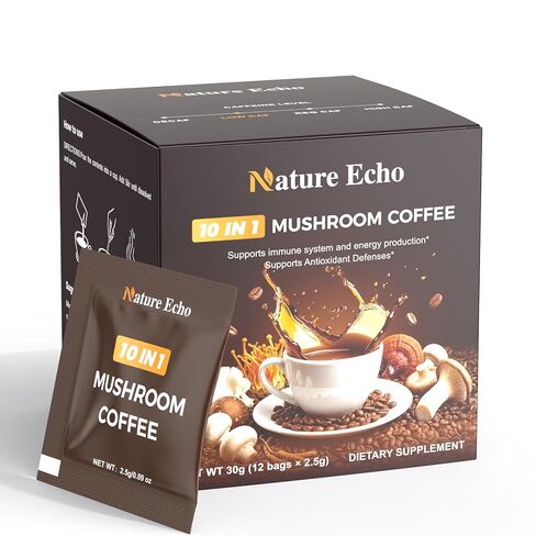 Nature Echo 10 in 1 Mushroom Coffee with Ashwagandha, Adaptogenic 10 Mushrooms with Lion’s Mane, Reishi, Cordyceps & More, Low Caffeine Instant Coffee Powder for Focus, Energy, Immune & Gut Support - Sugar Free (12 Sachets) in Saudi Arabia