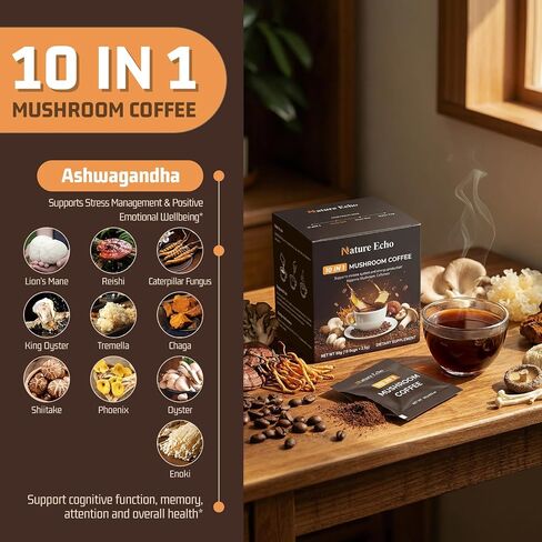 Nature Echo 10 in 1 Mushroom Coffee with Ashwagandha, Adaptogenic 10 Mushrooms with Lion’s Mane, Reishi, Cordyceps & More, Low Caffeine Instant Coffee Powder for Focus, Energy, Immune & Gut Support - Sugar Free (12 Sachets) in Saudi Arabia