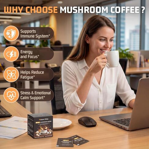 Nature Echo 10 in 1 Mushroom Coffee with Ashwagandha, Adaptogenic 10 Mushrooms with Lion’s Mane, Reishi, Cordyceps & More, Low Caffeine Instant Coffee Powder for Focus, Energy, Immune & Gut Support - Sugar Free (12 Sachets) in Saudi Arabia