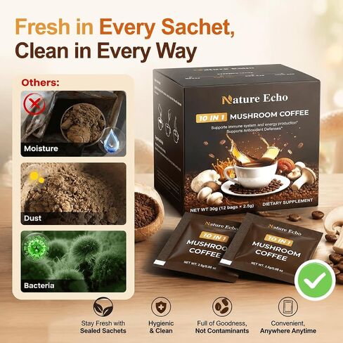 Nature Echo 10 in 1 Mushroom Coffee with Ashwagandha, Adaptogenic 10 Mushrooms with Lion’s Mane, Reishi, Cordyceps & More, Low Caffeine Instant Coffee Powder for Focus, Energy, Immune & Gut Support - Sugar Free (12 Sachets) in Saudi Arabia