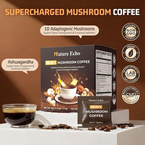 Nature Echo 10 in 1 Mushroom Coffee with Ashwagandha, Adaptogenic 10 Mushrooms with Lion’s Mane, Reishi, Cordyceps & More, Low Caffeine Instant Coffee Powder for Focus, Energy, Immune & Gut Support - Sugar Free (12 Sachets) in Saudi Arabia