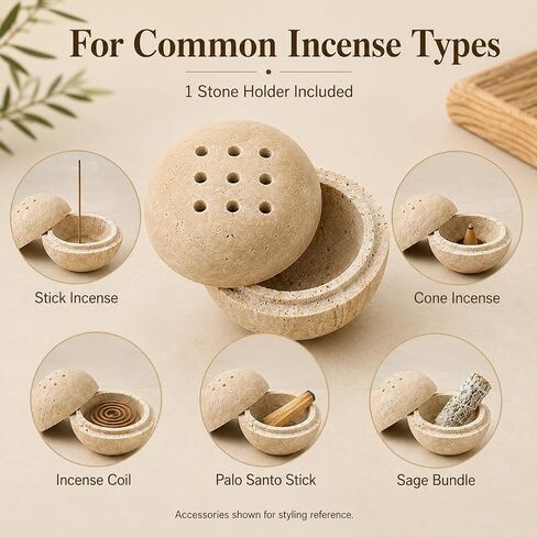 Travertine Incense Holder, 4 Inch Stone Sphere Burner | Perforated top, for stick incense, beige stone texture, accessories not included in Saudi Arabia