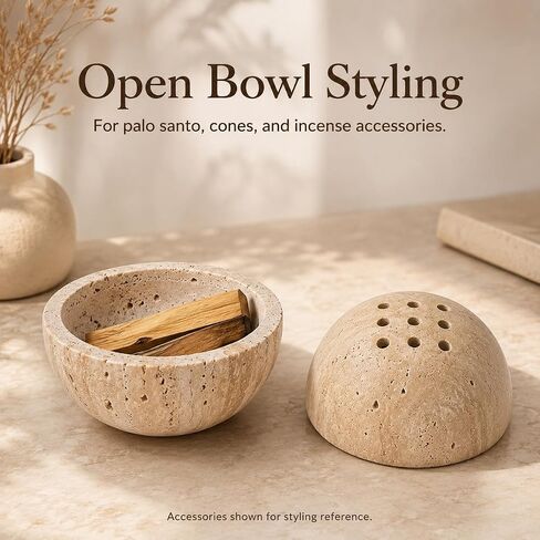 Travertine Incense Holder, 4 Inch Stone Sphere Burner | Perforated top, for stick incense, beige stone texture, accessories not included in Saudi Arabia