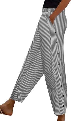 MAYRAIN Womens Striped Side Button Trousers Beach High Waisted Pants Soft Cropped Slacks with Pockets in Saudi Arabia