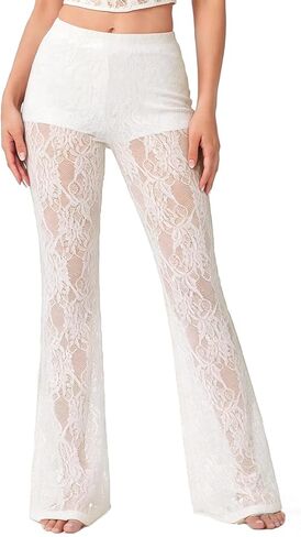 Women's Mesh Sheer Floral Lace Flare High Waist Long Trousers Pants in Saudi Arabia