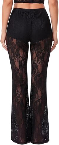 Women's Mesh Sheer Floral Lace Flare High Waist Long Trousers Pants in Saudi Arabia