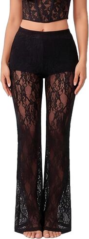 Women's Mesh Sheer Floral Lace Flare High Waist Long Trousers Pants in Saudi Arabia