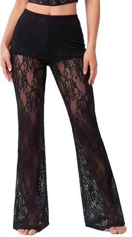 Women's Mesh Sheer Floral Lace Flare High Waist Long Trousers Pants in Saudi Arabia
