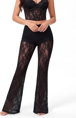 Women's Mesh Sheer Floral Lace Flare High Waist Long Trousers Pants in Saudi Arabia