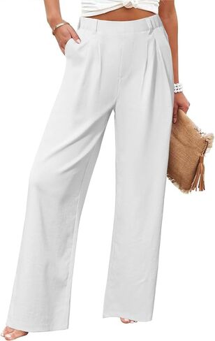 SEMARO Womens Casual High Waisted Linen Feel Pants Wide Leg Lounge Palazzo Trousers Beach Outfits with Pockets White in Saudi Arabia