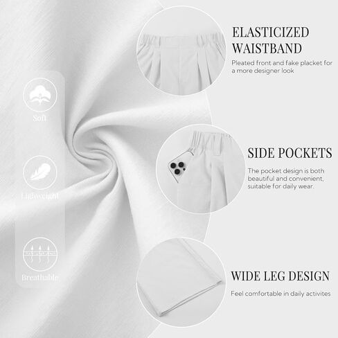 SEMARO Womens Casual High Waisted Linen Feel Pants Wide Leg Lounge Palazzo Trousers Beach Outfits with Pockets White in Saudi Arabia