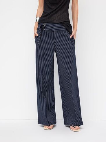 CIDER Womens Wide Leg Pants Palazzo Striped Low Waist Buckle Long Trousers with Pockets in Kuwait