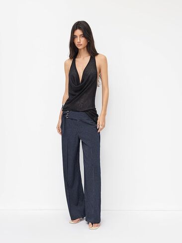 CIDER Womens Wide Leg Pants Palazzo Striped Low Waist Buckle Long Trousers with Pockets in Kuwait