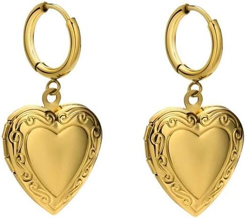 Women's Stainless Steel Gold Plated Heart Locket Hoop Earrings Hold Picture Dangle Drop Earrings in Saudi Arabia