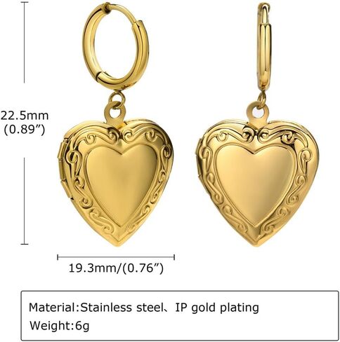 Women's Stainless Steel Gold Plated Heart Locket Hoop Earrings Hold Picture Dangle Drop Earrings in Saudi Arabia
