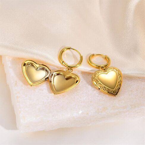 Women's Stainless Steel Gold Plated Heart Locket Hoop Earrings Hold Picture Dangle Drop Earrings in Saudi Arabia