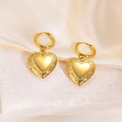 Women's Stainless Steel Gold Plated Heart Locket Hoop Earrings Hold Picture Dangle Drop Earrings in Saudi Arabia
