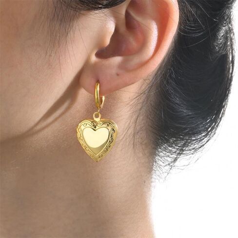 Women's Stainless Steel Gold Plated Heart Locket Hoop Earrings Hold Picture Dangle Drop Earrings in Saudi Arabia