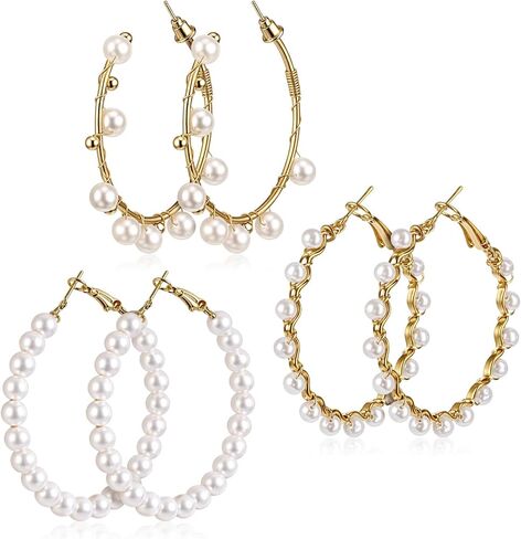 3 Pairs Large Pearl Hoops Drop Earrings Pearl Hoop Earrings for Women Dangle Gifts for Women White Hoops Jewelry in Saudi Arabia