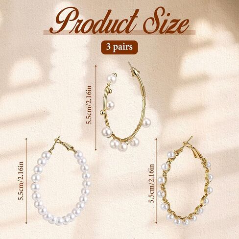 3 Pairs Large Pearl Hoops Drop Earrings Pearl Hoop Earrings for Women Dangle Gifts for Women White Hoops Jewelry in Saudi Arabia