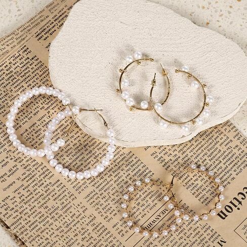 3 Pairs Large Pearl Hoops Drop Earrings Pearl Hoop Earrings for Women Dangle Gifts for Women White Hoops Jewelry in Saudi Arabia