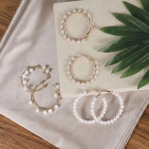 3 Pairs Large Pearl Hoops Drop Earrings Pearl Hoop Earrings for Women Dangle Gifts for Women White Hoops Jewelry in Saudi Arabia