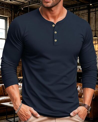 Men's Long Sleeve Henley Shirts Casual 3-Button T-Shirts Lightweight Moisture Wicking Pullover Basic Tee in Kuwait