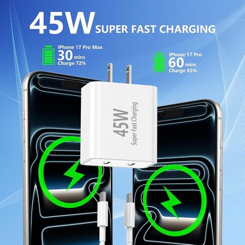 شاحن iPhone 16 15 شحن سريع من النوع C شاحن 20 وات USB C شاحن iPhone 16 مع كابل USB-C منسوج بطول 6 أقدام 60 وات لهاتف iPhone 16/16 Plus/16 Pro/16 Pro Max/iPhone 15/15 Pro Max/iPad Pro/AirPods in Kuwait