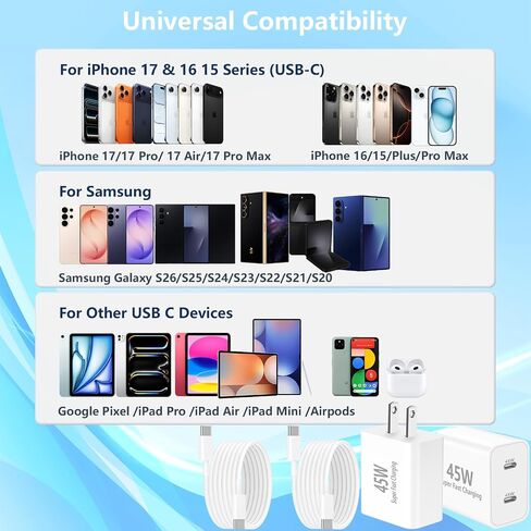 شاحن iPhone 16 15 شحن سريع من النوع C شاحن 20 وات USB C شاحن iPhone 16 مع كابل USB-C منسوج بطول 6 أقدام 60 وات لهاتف iPhone 16/16 Plus/16 Pro/16 Pro Max/iPhone 15/15 Pro Max/iPad Pro/AirPods in Kuwait