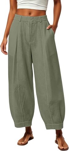Linen Barrel Pants Women Summer Elastic Waist Ankle Dress Pants with Pockets Lightweight Beach Casual Trousers in Kuwait