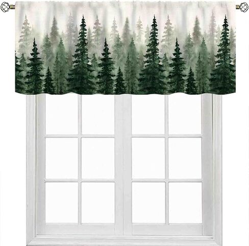 Forest Green Valance, Farmhouse Misty Woodland Nature Pine Trees Jungle Wildlife Landscape Forest Rod Pocket Small Short Window Curtains for Kitchen Cafe Living Room Bedroom Bathroom, 54"x18" Inch in Saudi Arabia