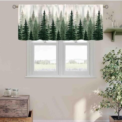 Forest Green Valance, Farmhouse Misty Woodland Nature Pine Trees Jungle Wildlife Landscape Forest Rod Pocket Small Short Window Curtains for Kitchen Cafe Living Room Bedroom Bathroom, 54"x18" Inch in Saudi Arabia