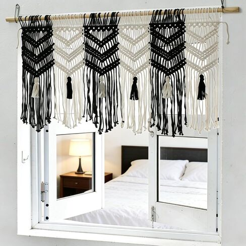 Macrame Valance Curtain for Kichen Windows 36.6x24.8Inch Farmhouse Boho Curtains Bedroom Window Tassels Black White Valance Treatments for Livingroom Kitchen Bathroom Wall Decor in Saudi Arabia