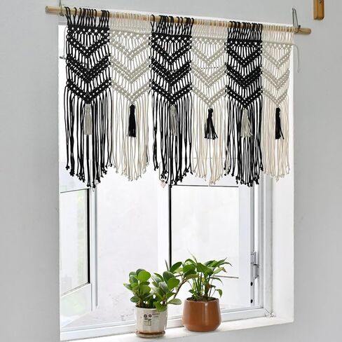 Macrame Valance Curtain for Kichen Windows 36.6x24.8Inch Farmhouse Boho Curtains Bedroom Window Tassels Black White Valance Treatments for Livingroom Kitchen Bathroom Wall Decor in Saudi Arabia