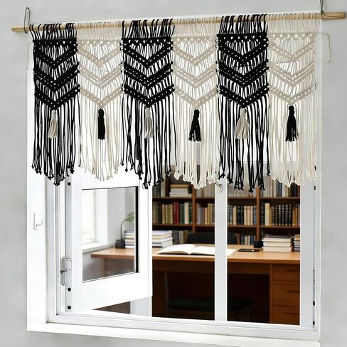 Macrame Valance Curtain for Kichen Windows 36.6x24.8Inch Farmhouse Boho Curtains Bedroom Window Tassels Black White Valance Treatments for Livingroom Kitchen Bathroom Wall Decor in Saudi Arabia